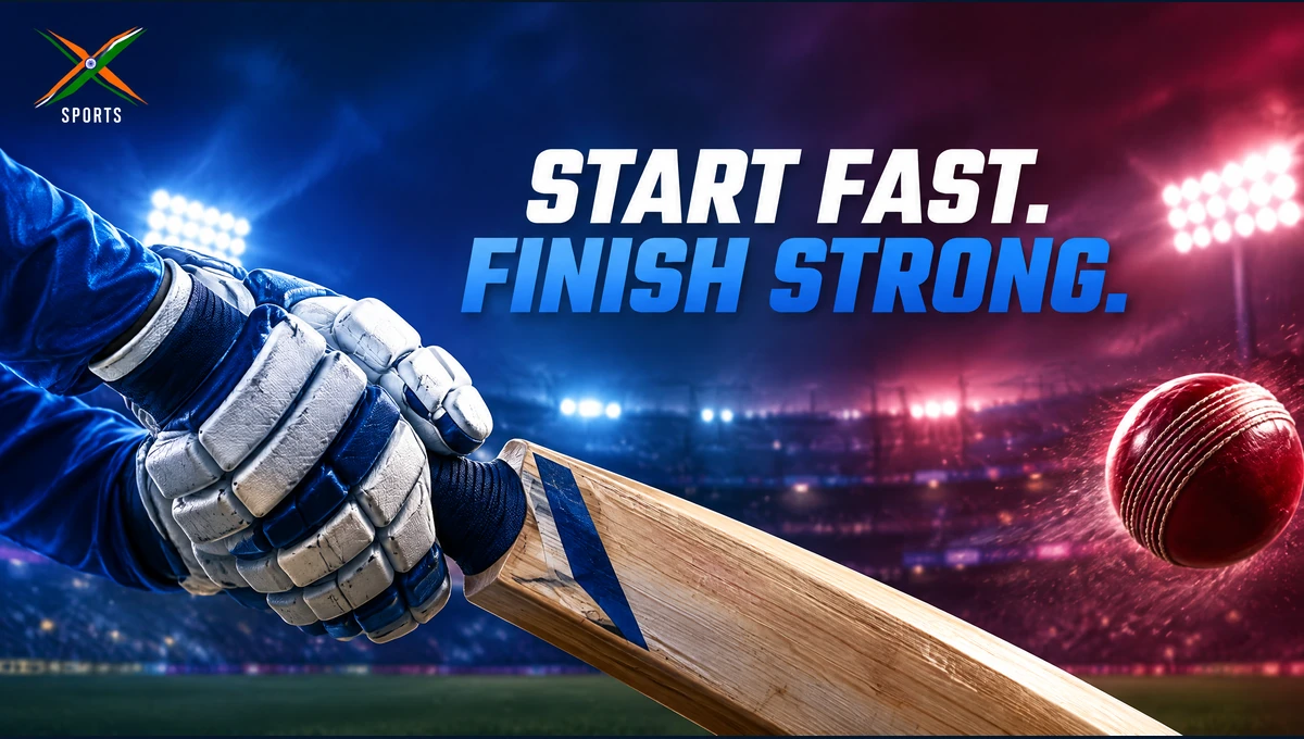 IND vs WI news illustration of batting gloves and a bat with Start Fast Finish Strong headline
