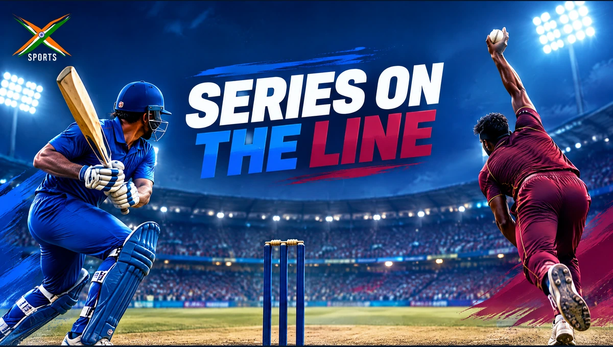 IND vs WI series battle illustration showing a batter and bowler under stadium lights