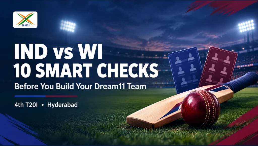 IND Vs WI 4th T20I: 10 Smart Checks Before You Build Your Dream11 Team IND vs WI fourth T20I Dream11 team guide with 10 smart checks, cricket bat and ball, and 4xSports branding