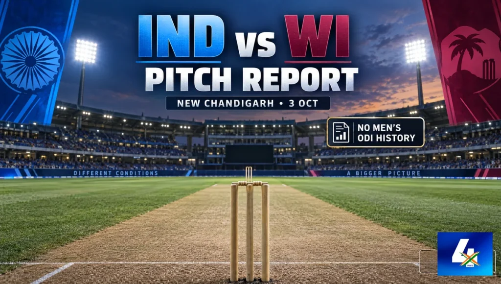 Editorial illustration for India vs West Indies third ODI New Chandigarh pitch report; not an actual photograph of the playing strip