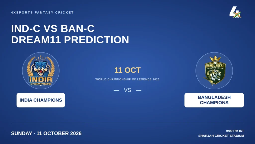 India Champions Vs Bangladesh Champions Dream11 Prediction: WCL 2026 4xSports India Champions vs Bangladesh Champions Dream11 prediction graphic with official team crests for Sharjah on 11 October 2026 at 9:00 PM IST