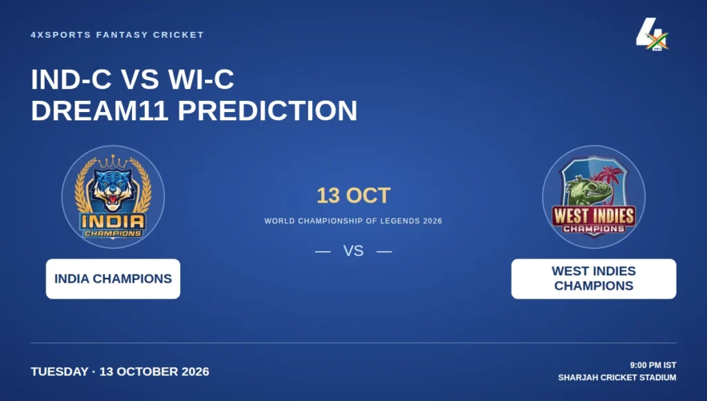 4xSports graphic for India Champions vs West Indies Champions at Sharjah on 13 October 2026, 9:00 PM IST