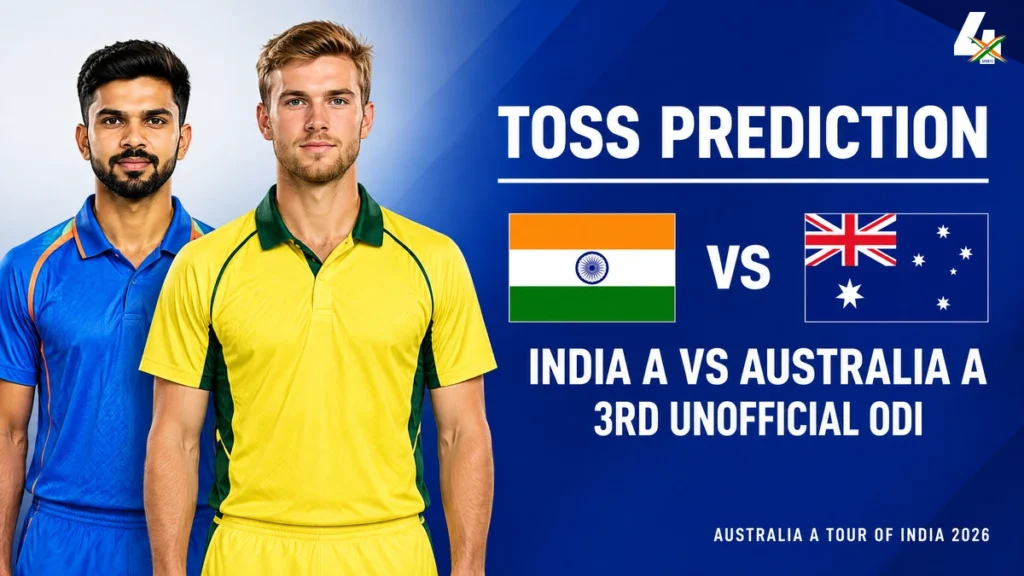 AI-generated editorial captain illustrations of Ruturaj Gaikwad and Will Sutherland, facing forward on the left of a toss prediction graphic.