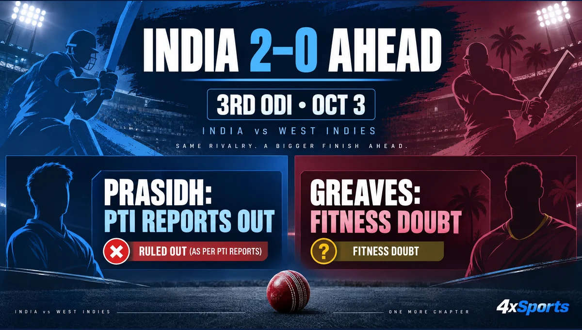 India 2–0 ahead and Prasidh Krishna PTI report with Justin Greaves fitness doubt infographic