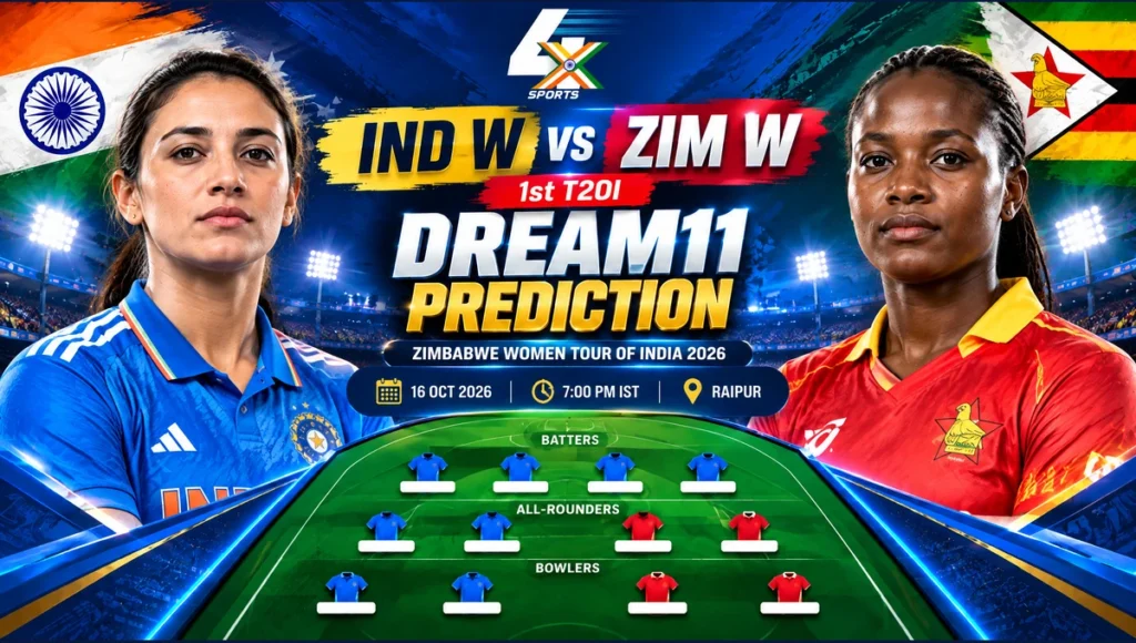 IND W vs ZIM W Dream11 Prediction — 1st T20I, Raipur, 2026-10-16. Promotional cricket illustration.