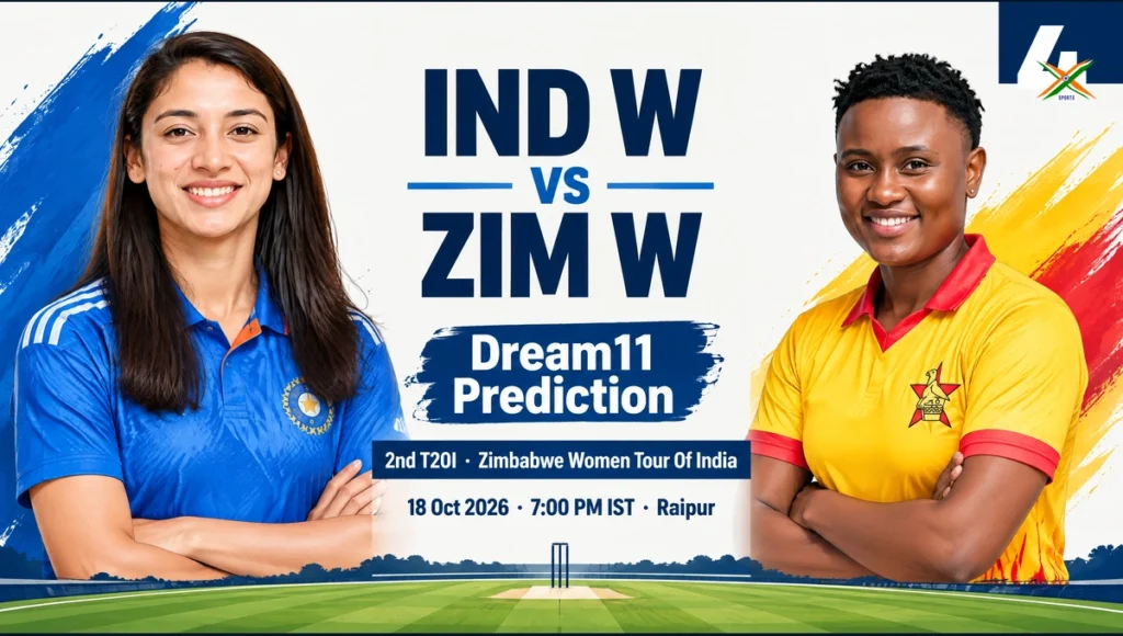 IND W vs ZIM W Dream11 Prediction — 2nd T20I, Raipur, 2026-10-18. AI-assisted editorial portraits of Smriti Mandhana and Josephine Nkomo; not a match photograph.