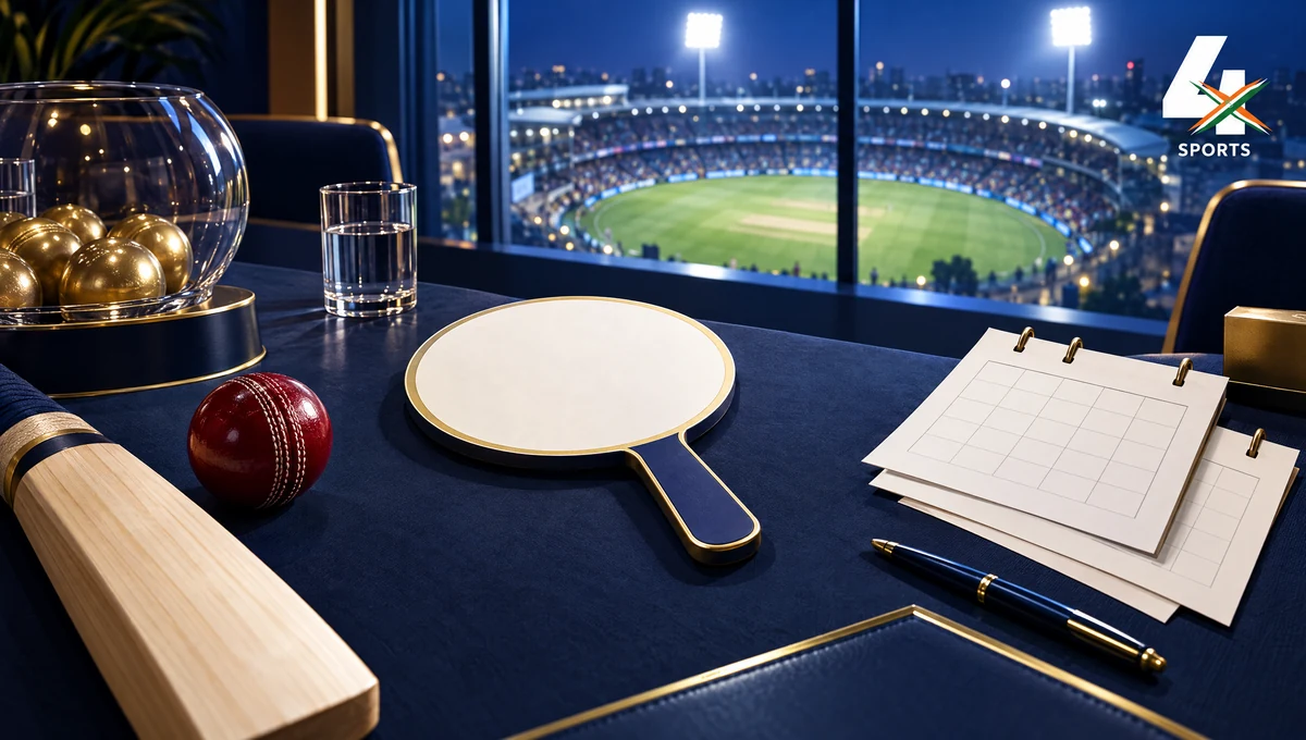 Cricket auction desk with calendar and stadium, an original 4xSports editorial illustration
