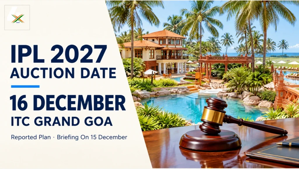 IPL 2027 auction date editorial artwork showing a Goa resort and auction gavel, with the reported December 16 plan and December 15 briefing.