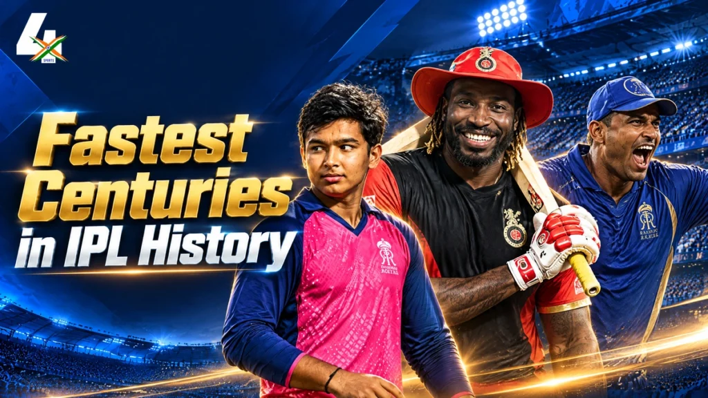 AI editorial illustration of Chris Gayle, Vaibhav Sooryavanshi and Yusuf Pathan in IPL team jerseys for the fastest centuries record guide.