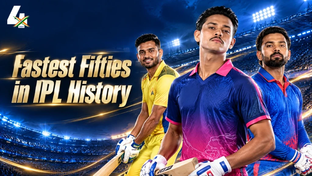 Fastest Fifty in IPL History: Top 10 Knocks 4xSports AI editorial illustration of Yashasvi Jaiswal, Urvil Patel and KL Rahul in IPL team-colour jerseys for the fastest fifties record.