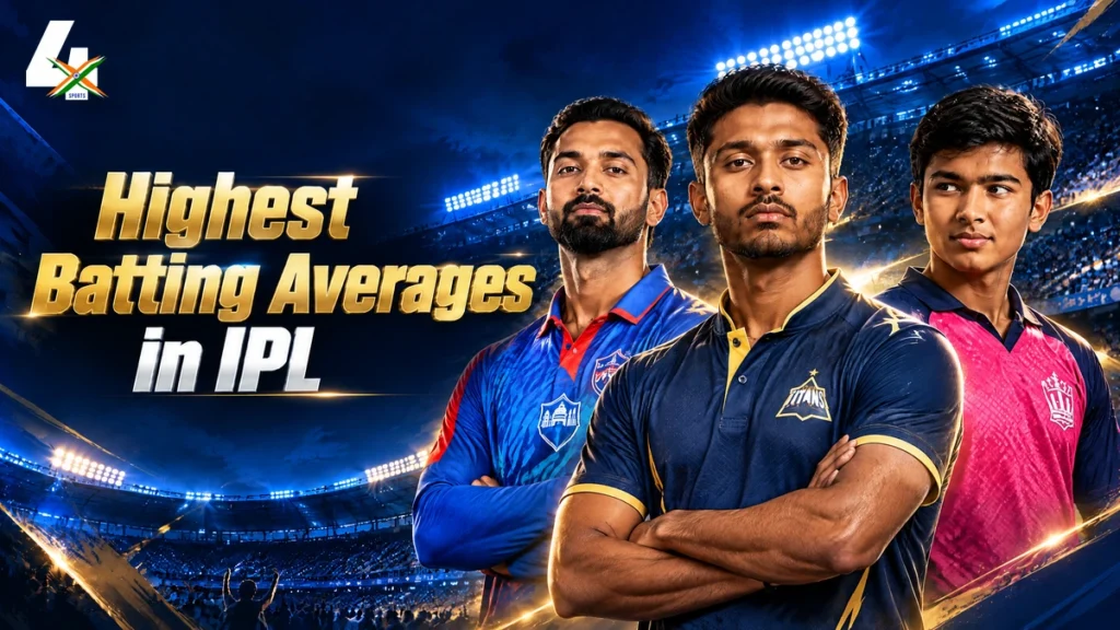 AI-generated IPL records editorial illustration of KL Rahul, Sai Sudharsan and Vaibhav Suryavanshi in IPL team-kit styling.