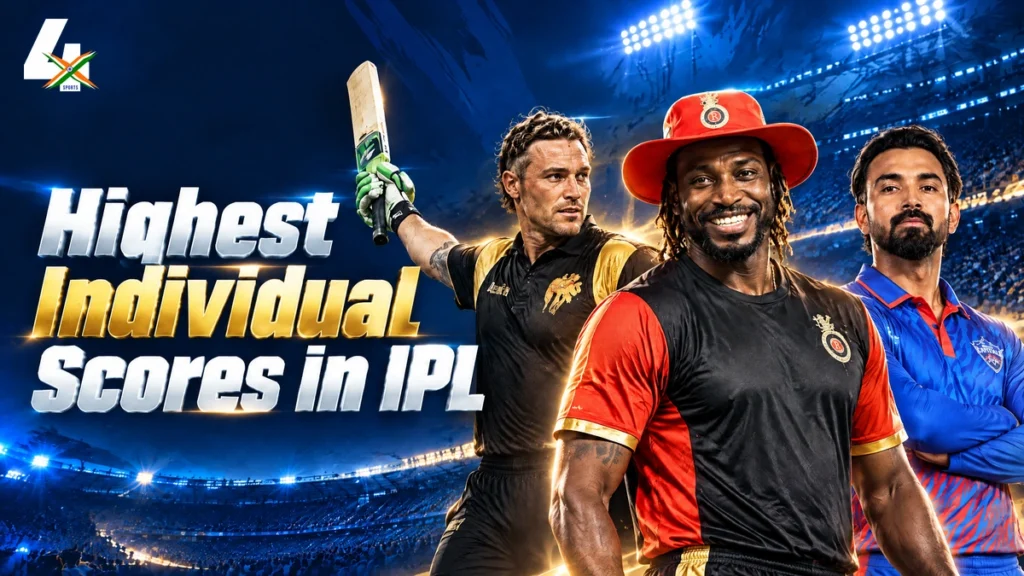 AI-generated IPL records editorial illustration of Chris Gayle, Brendon McCullum and KL Rahul in IPL team-kit styling.