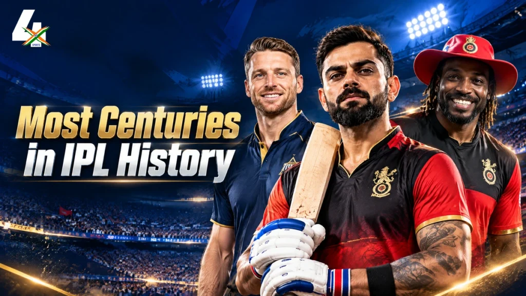 AI-generated IPL records editorial illustration of Virat Kohli, Jos Buttler and Chris Gayle in IPL team-kit styling.