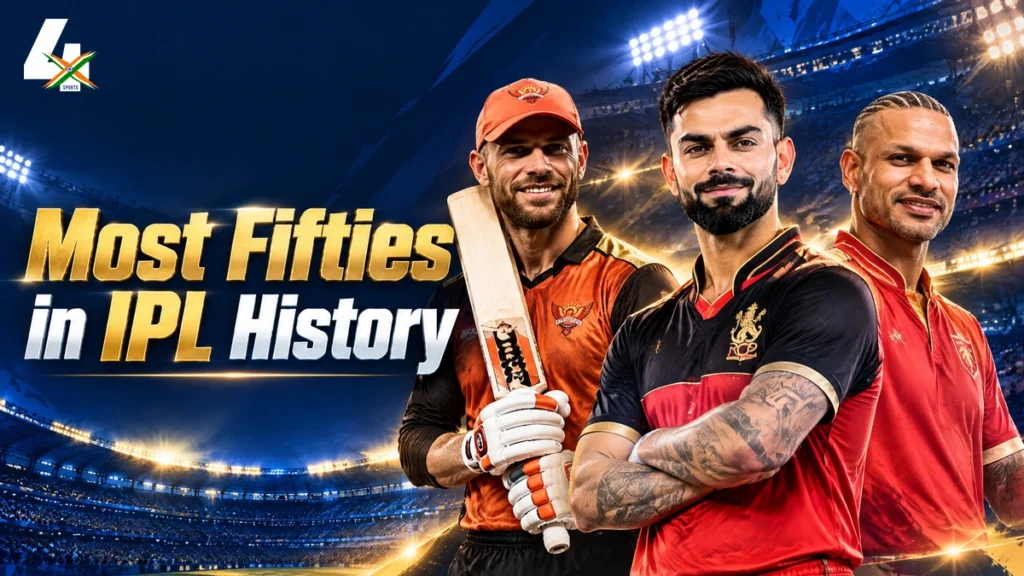 AI-generated editorial illustration of Virat Kohli, David Warner and Shikhar Dhawan in IPL jerseys for the Most Fifties guide.