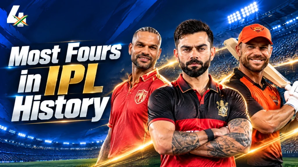 AI editorial illustration of Virat Kohli, Shikhar Dhawan and David Warner in IPL-style jerseys for the most fours in IPL history guide.