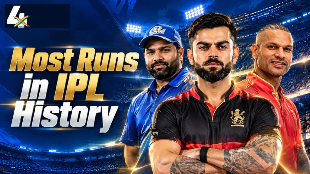 AI-generated IPL records editorial illustration of Virat Kohli, Rohit Sharma and Shikhar Dhawan in IPL team-kit styling.
