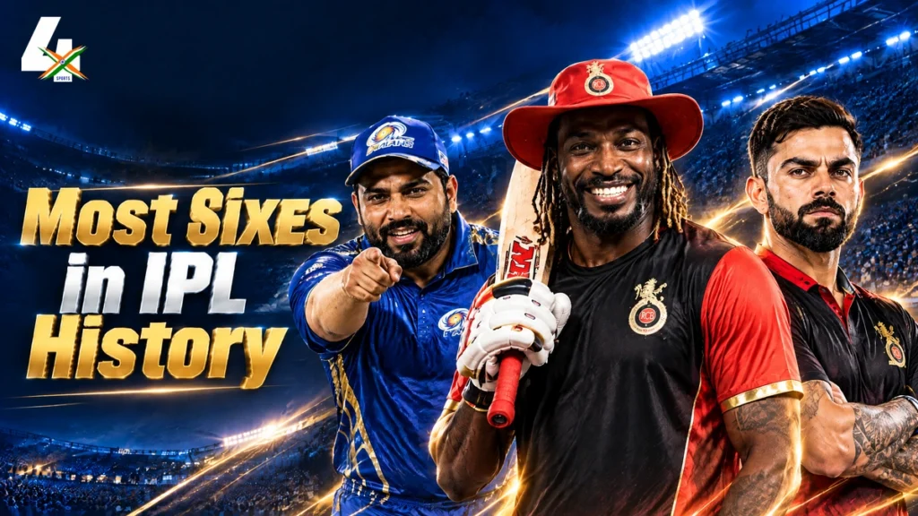 4xSports AI editorial illustration of Chris Gayle, Rohit Sharma and Virat Kohli in IPL jersey styles for Most Sixes in IPL History