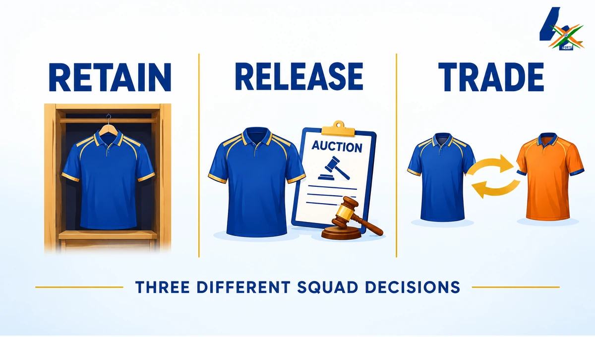 IPL 2027 retained players list guide: retain, release and trade explained in a 4xSports illustration