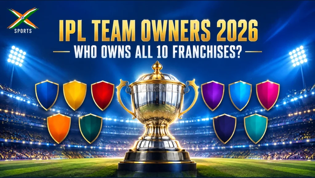 IPL team owners 2026 editorial illustration with trophy and franchise-colour motifs