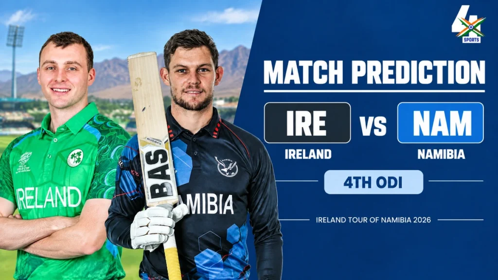 IRE vs NAM 4th ODI match prediction cover using supplied Ireland and Namibia player photographs