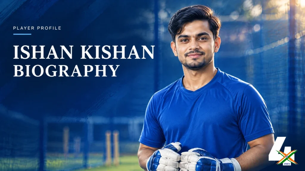 4xSports original editorial illustration of Ishan Kishan for his biography; not a documentary photograph.