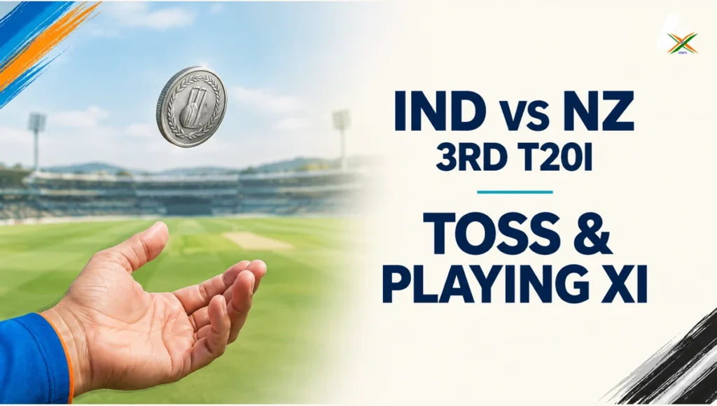 Cricket toss coin illustration for IND vs NZ 3rd T20I 2026, with Toss And Playing XI headline and 4xSports branding.