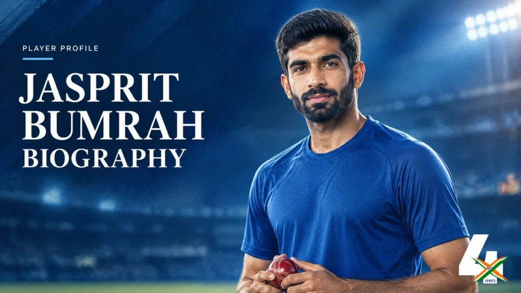 4xSports original editorial illustration of Jasprit Bumrah for his biography; not a documentary photograph.