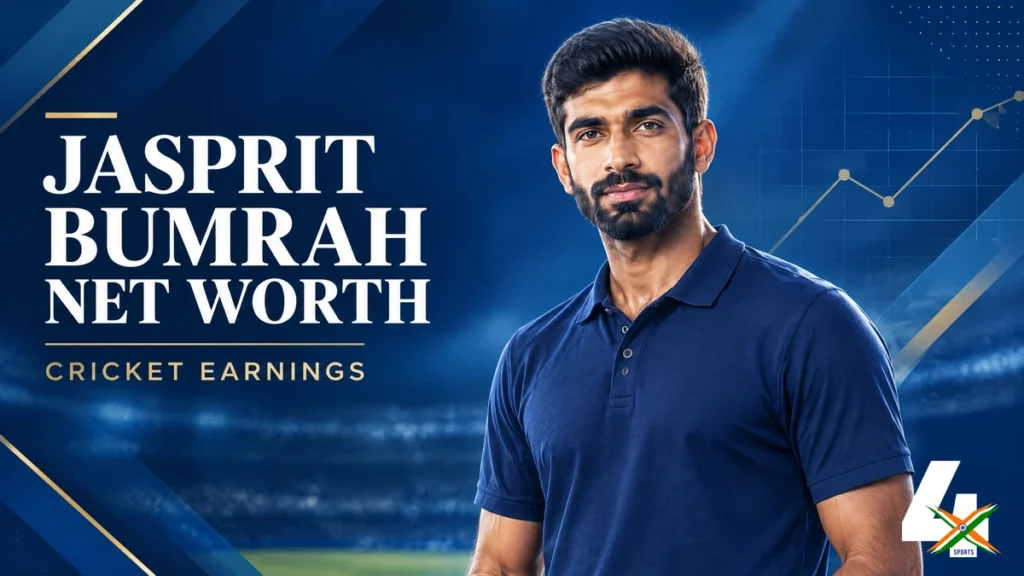 4xSports original editorial illustration of Jasprit Bumrah for his net-worth and cricket earnings article; not a documentary photograph.