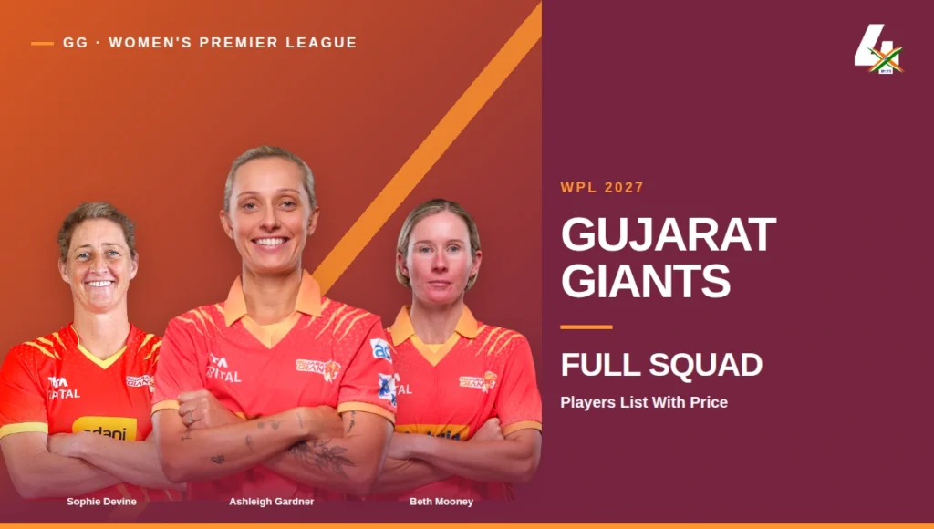 WPL 2027 GG Team Players List With Price: Gujarat Giants Full Squad Gujarat Giants WPL 2027 full squad cover featuring Ashleigh Gardner, Sophie Devine, Beth Mooney