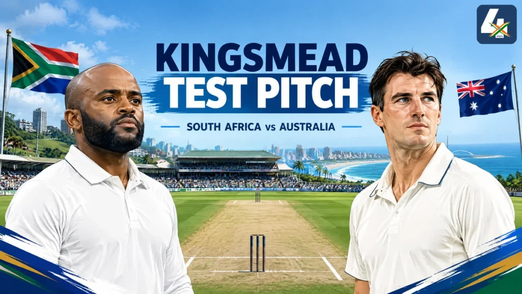 Illustrated Kingsmead Test pitch preview for South Africa vs Australia, with national flags and the 4xSports mark; not a match photograph.