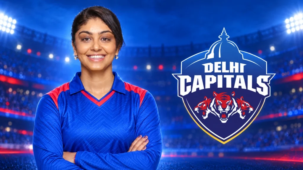 Kiran Navgire WPL Team, Salary, Career Stats and Records Kiran Navgire on the left with the Delhi Capitals logo against a team-colour cricket background.