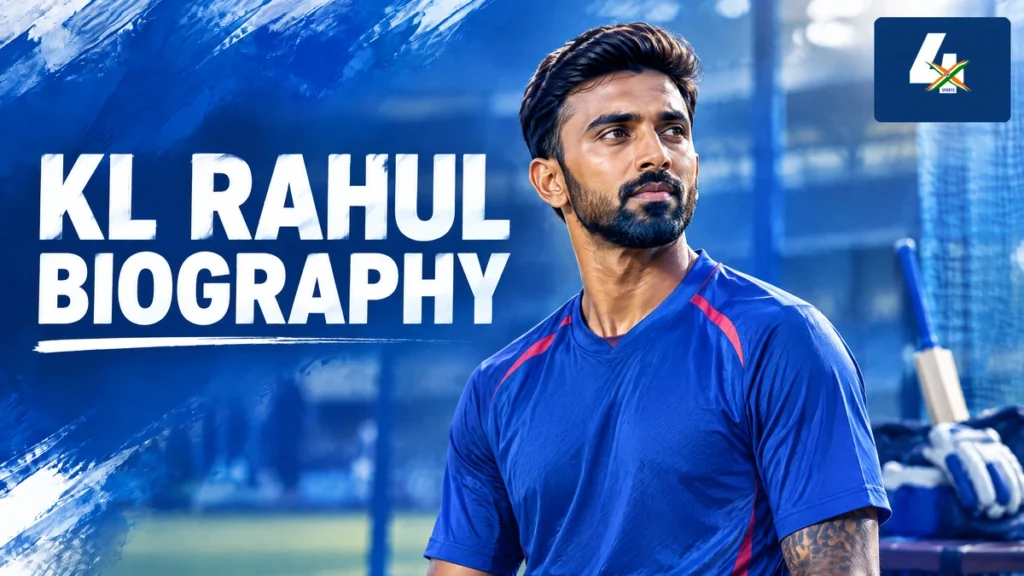 AI-generated editorial illustration of KL Rahul for a biography guide.