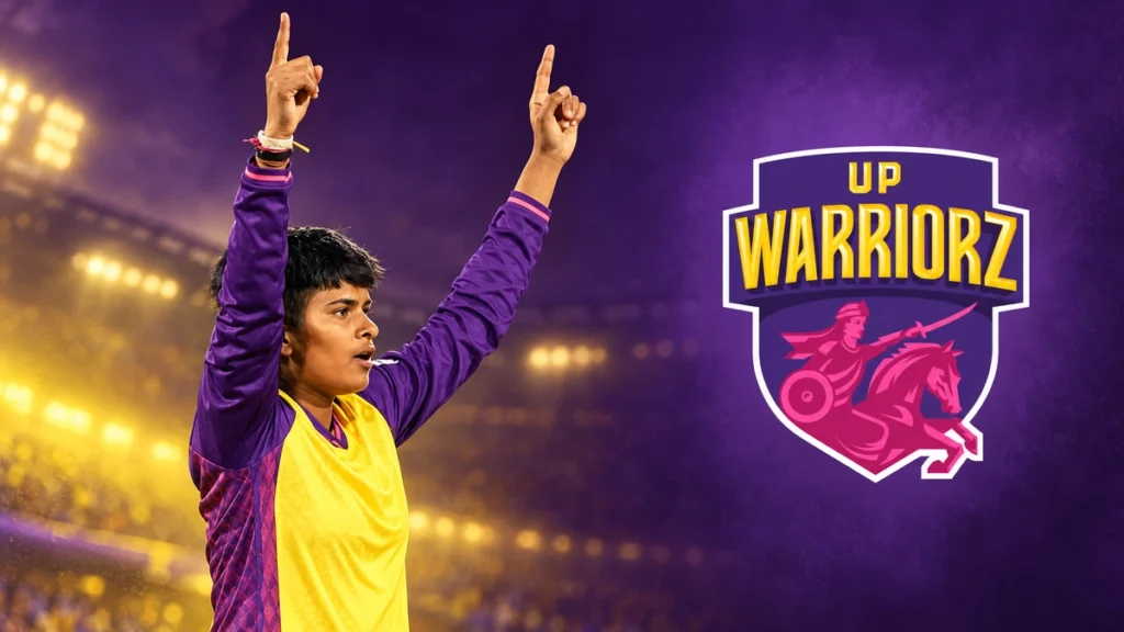Kranti Goud WPL Team, Salary, Career Stats and Records Kranti Goud on the left with the UP Warriorz logo on a team-colour background.