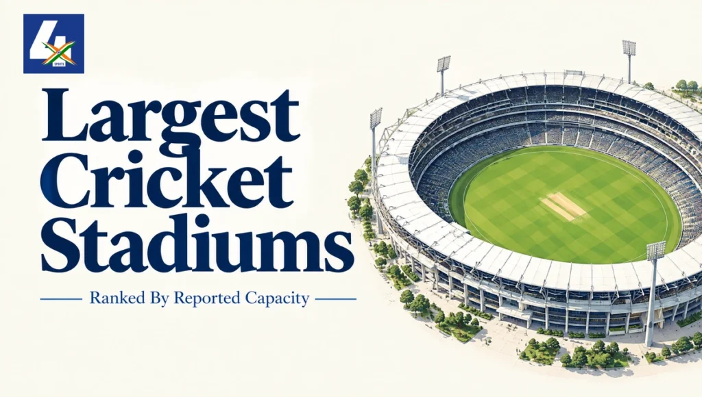 Largest Cricket Stadiums: An architectural illustration of a large cricket stadium, not a specific venue photograph — AI-assisted editorial illustration.