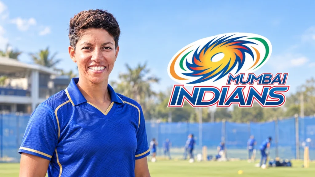 Latika Inamdar on the left with the Mumbai Indians logo on a unique team-colour cricket background.