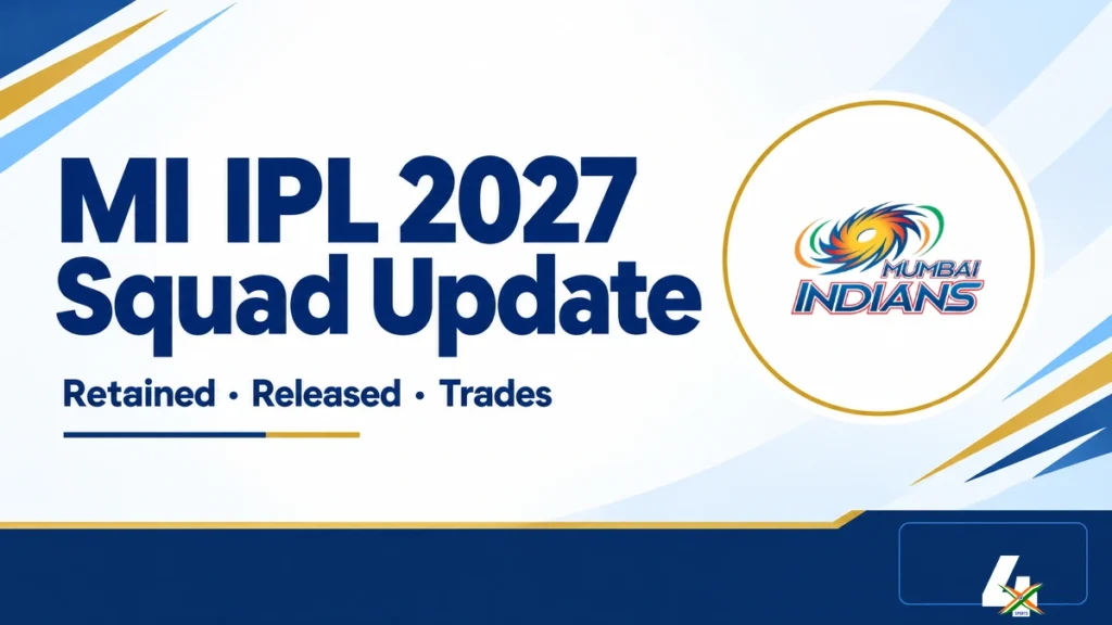 Mumbai Indians IPL 2027 squad update editorial illustration with the official MI crest; not a confirmed retained-player list.