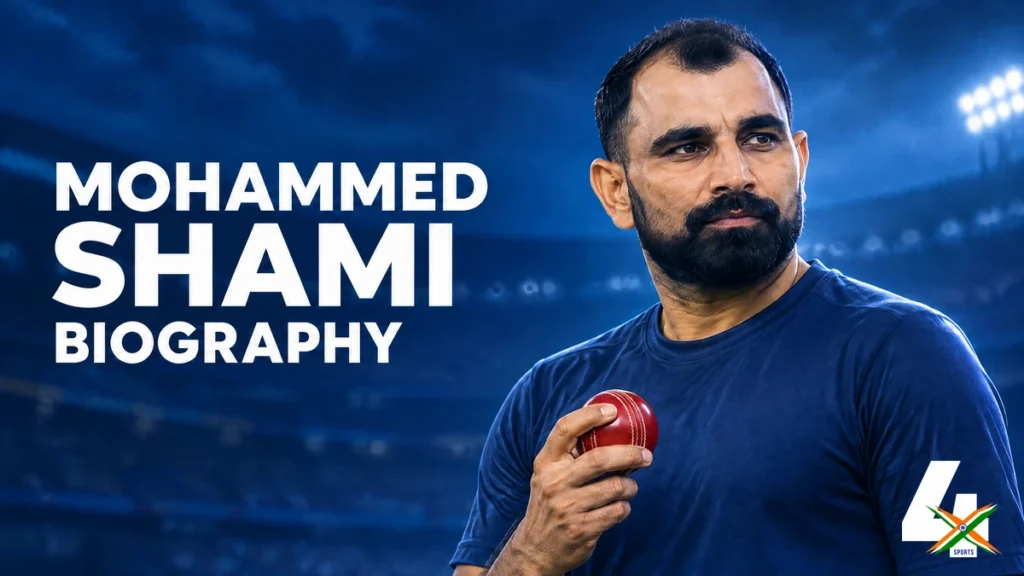 4xSports original editorial illustration of Mohammed Shami for his biography article; not a documentary photograph.