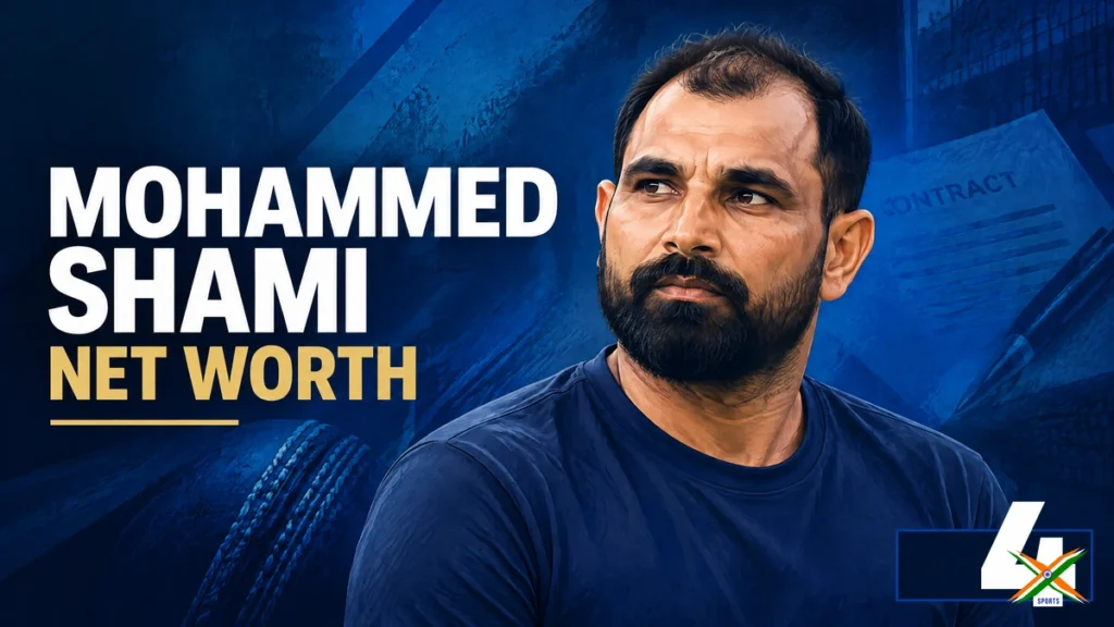 4xSports original editorial illustration of Mohammed Shami for his net worth article; not a documentary photograph.