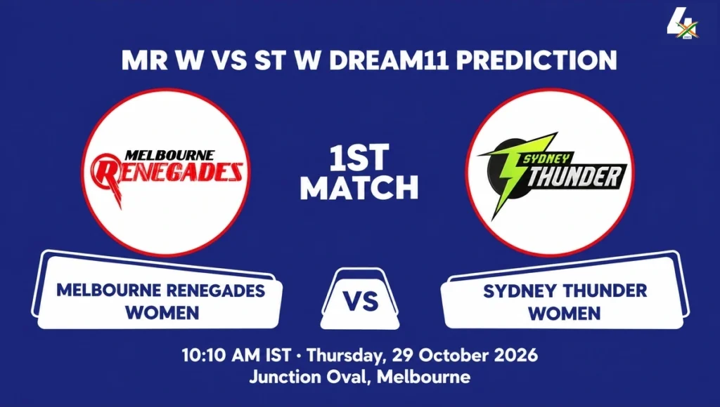MR W vs ST W Dream11 Prediction Today Match 1st T20: Playing XI, Pitch Report, Fantasy Cricket Tips, Dream11 Team Captain And Vice-Captain Choices – Women’s Big Bash League, 2026 MR W vs ST W Dream11 Prediction – WBBL 2026 opener blue match preview graphic