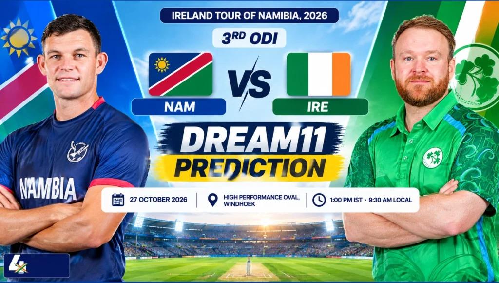AI-assisted editorial illustration of Gerhard Erasmus and Paul Stirling for NAM vs IRE Dream11 Prediction.