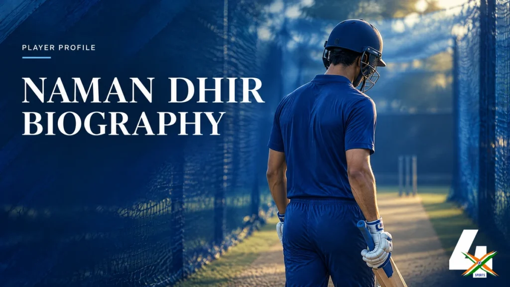4xSports original non-identifying editorial illustration of a helmeted batter for the Naman Dhir biography; not a photograph or verified portrait of Naman Dhir.