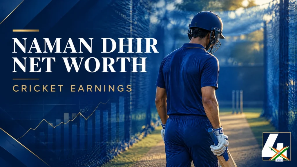 4xSports original non-identifying editorial illustration of a helmeted batter for the Naman Dhir net-worth article; not a photograph or verified portrait of Naman Dhir.