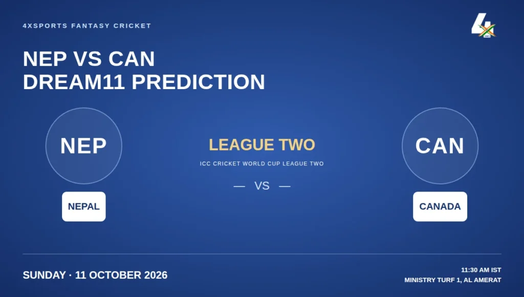 4xSports Nepal vs Canada Dream11 prediction graphic for the League Two ODI at Al Amerat on 11 October 2026 at 11:30 AM IST