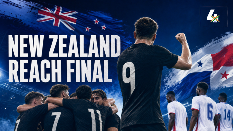 Editorial illustration for football story: NEW ZEALAND REACH FINAL; not a photograph of the actual match.