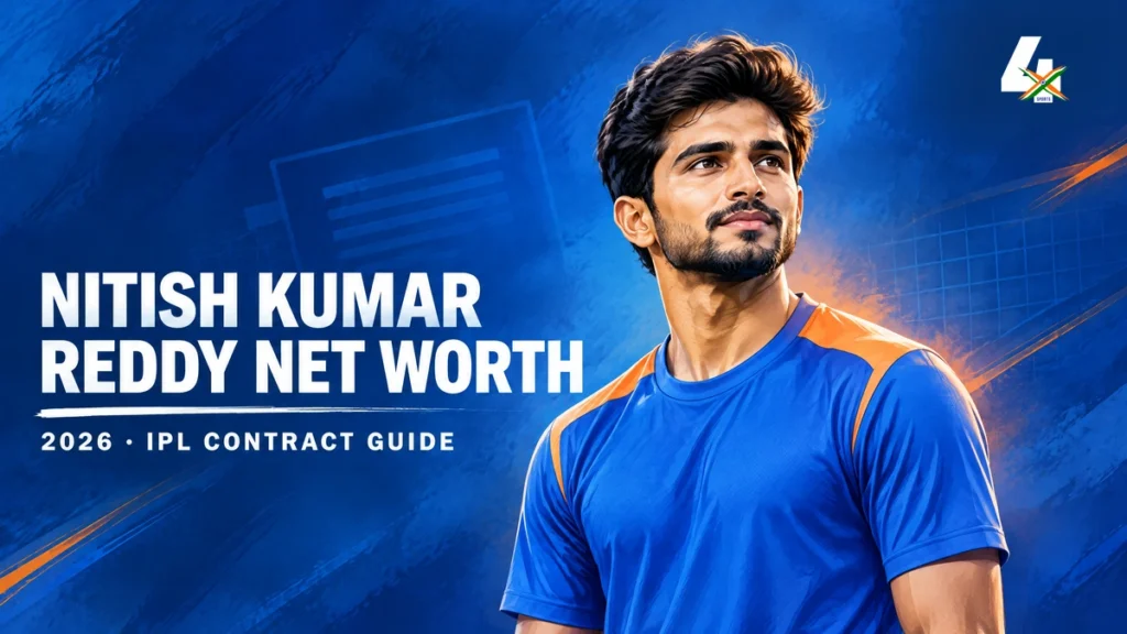AI-generated editorial illustration of Nitish Kumar Reddy for a net-worth and IPL contract guide.