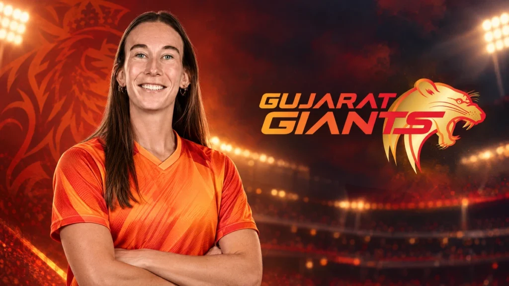 Orla Prendergast on the left with the Gujarat Giants logo against a team-colour cricket background.