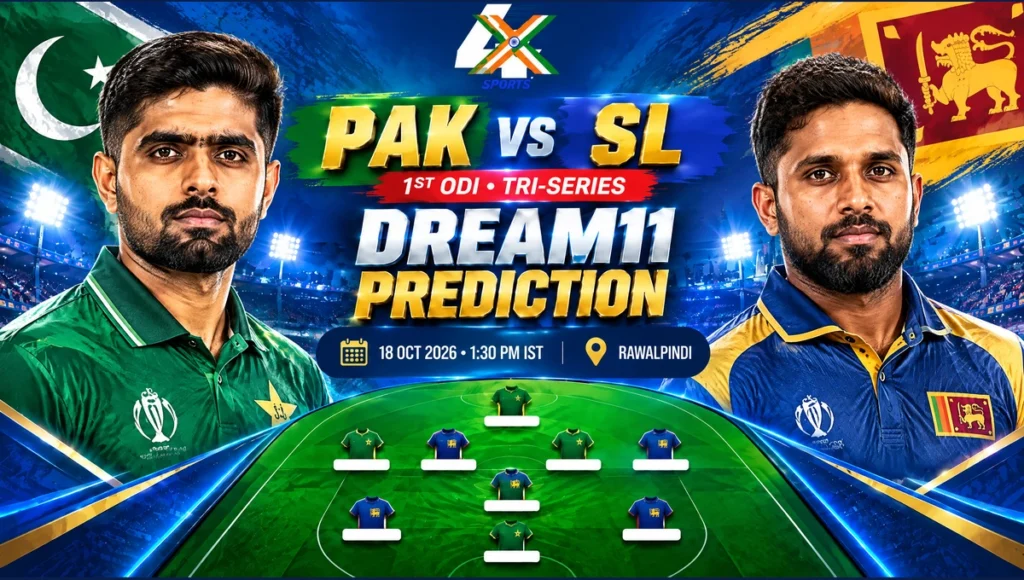 PAK vs SL Dream11 Prediction — 1st Match, Rawalpindi, 2026-10-18. Promotional cricket illustration.