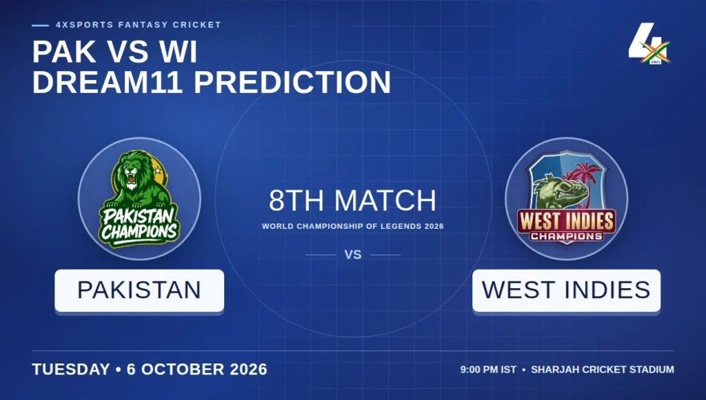 Pakistan Champions and West Indies Champions WCL team crests on a blue 4xSports Match 8 Dream11 preview cover