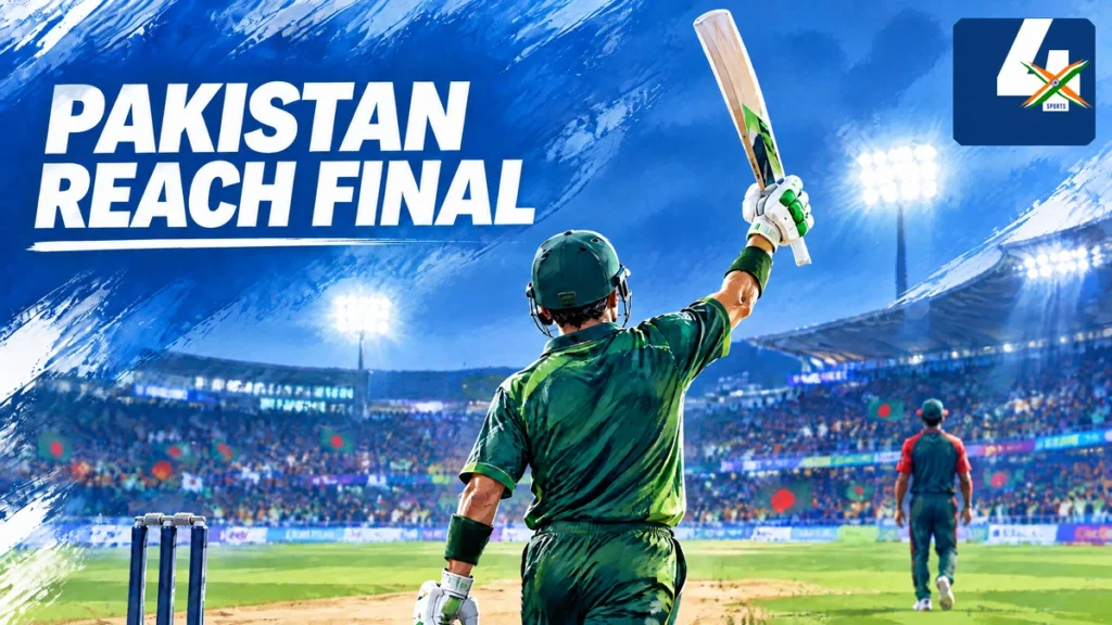 Illustrative cricket scene with an anonymous Pakistan-green batter and the headline Pakistan Reach Final; original 4xSports editorial artwork, not an actual match photograph.
