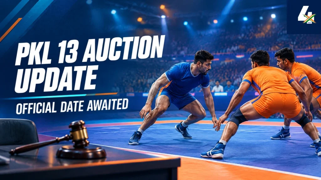 PKL 13 auction update with kabaddi athletes and an auction desk, shown as a 4xSports editorial illustration